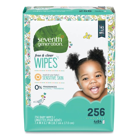 Seventh Generation Free & Clear Baby Wipes, Refill, Unscented, White, 256/Pack 34219